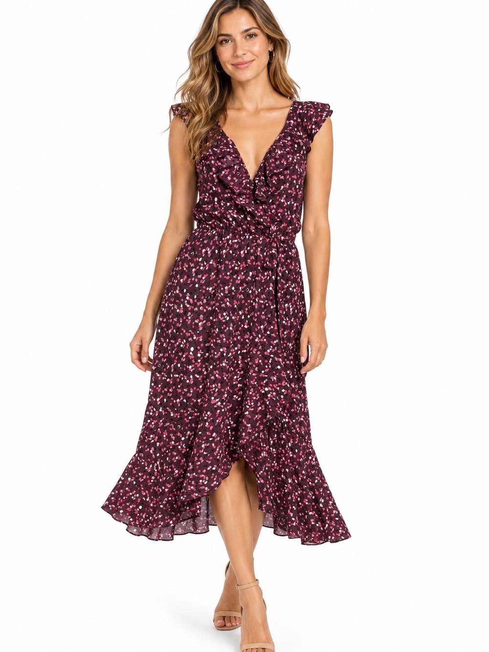 SOCIALITE Burgundy Surplice Faux-Wrap Asymmetrical Ruffle Midi Dress Small
